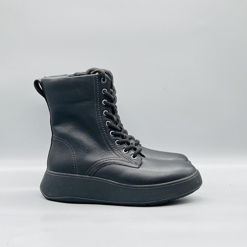 FitFlop Boots Women 7.5 Black Leather F Mode Stitch Combat Mid Calf Lace Up Zip
